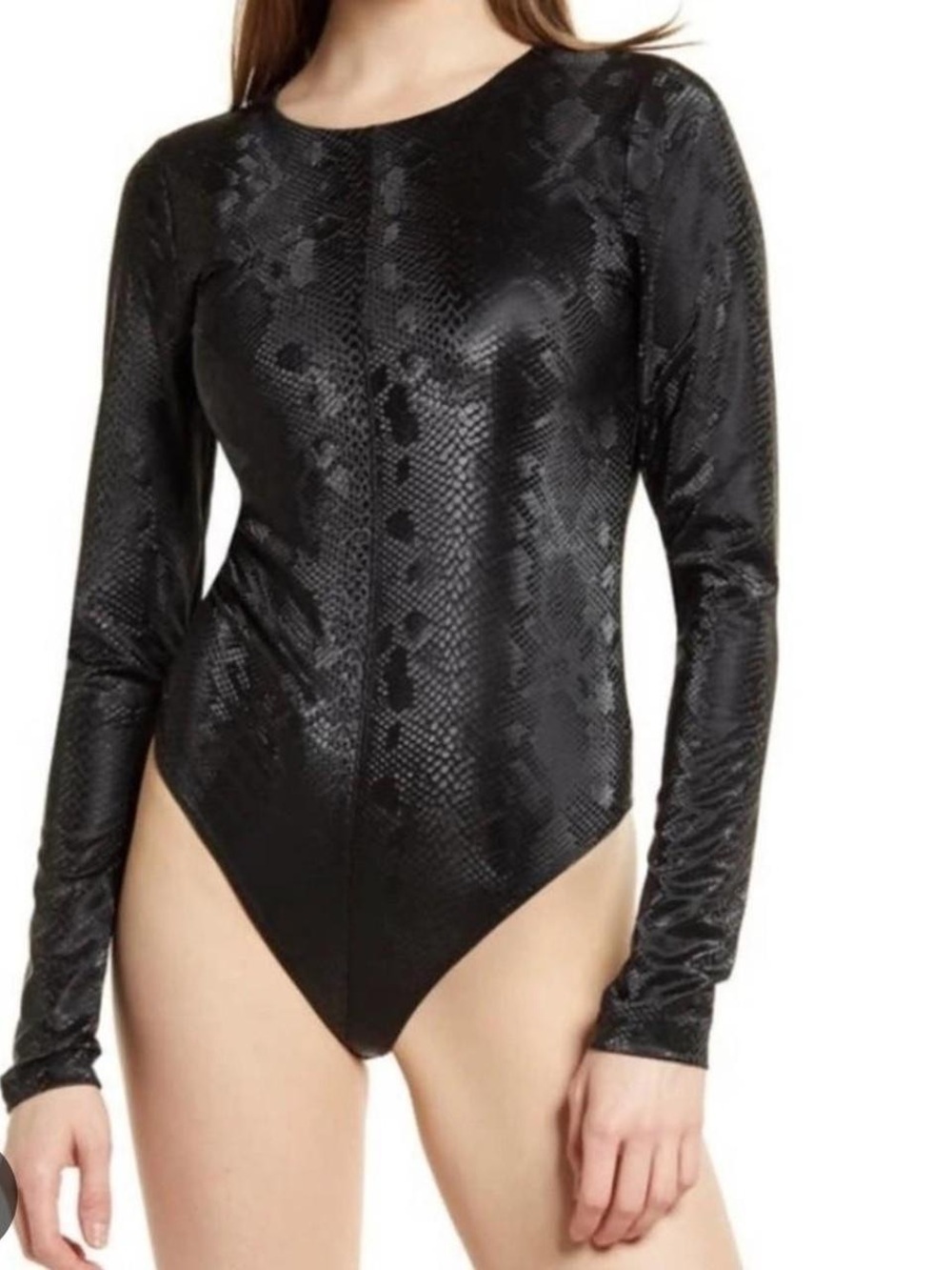 Good American Black Faux Snakeskin Leather Bodysuit size 2